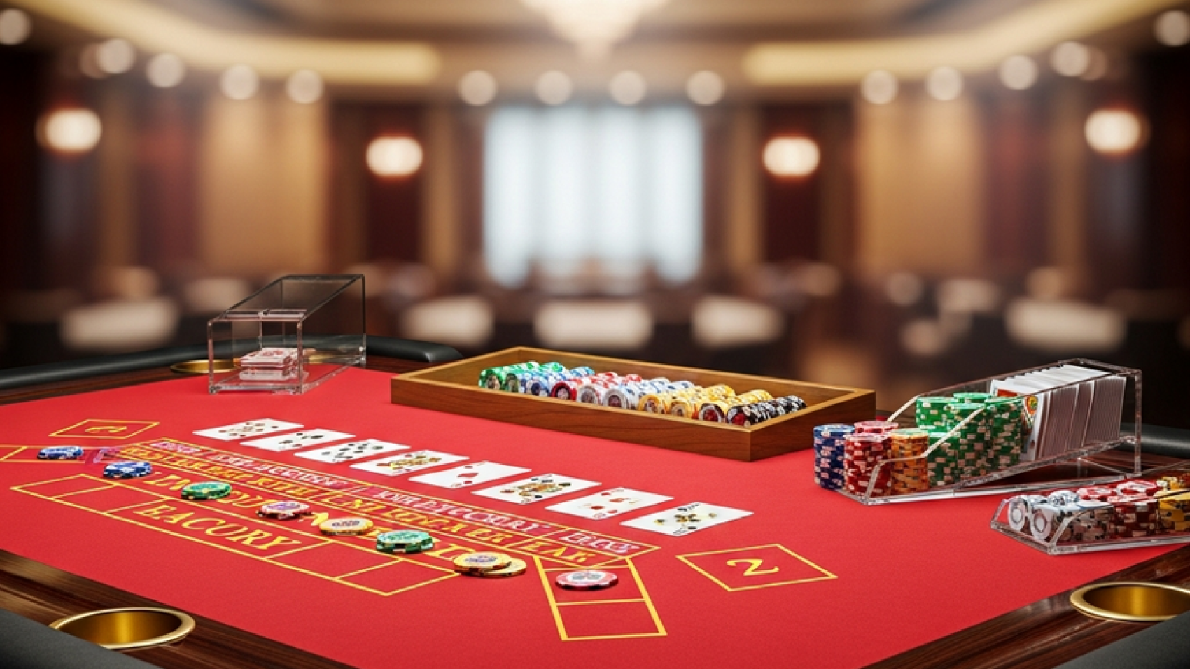 An empty, professional live dealer Baccarat table with red felt and gold accents in a luxury Malaysian casino studio.